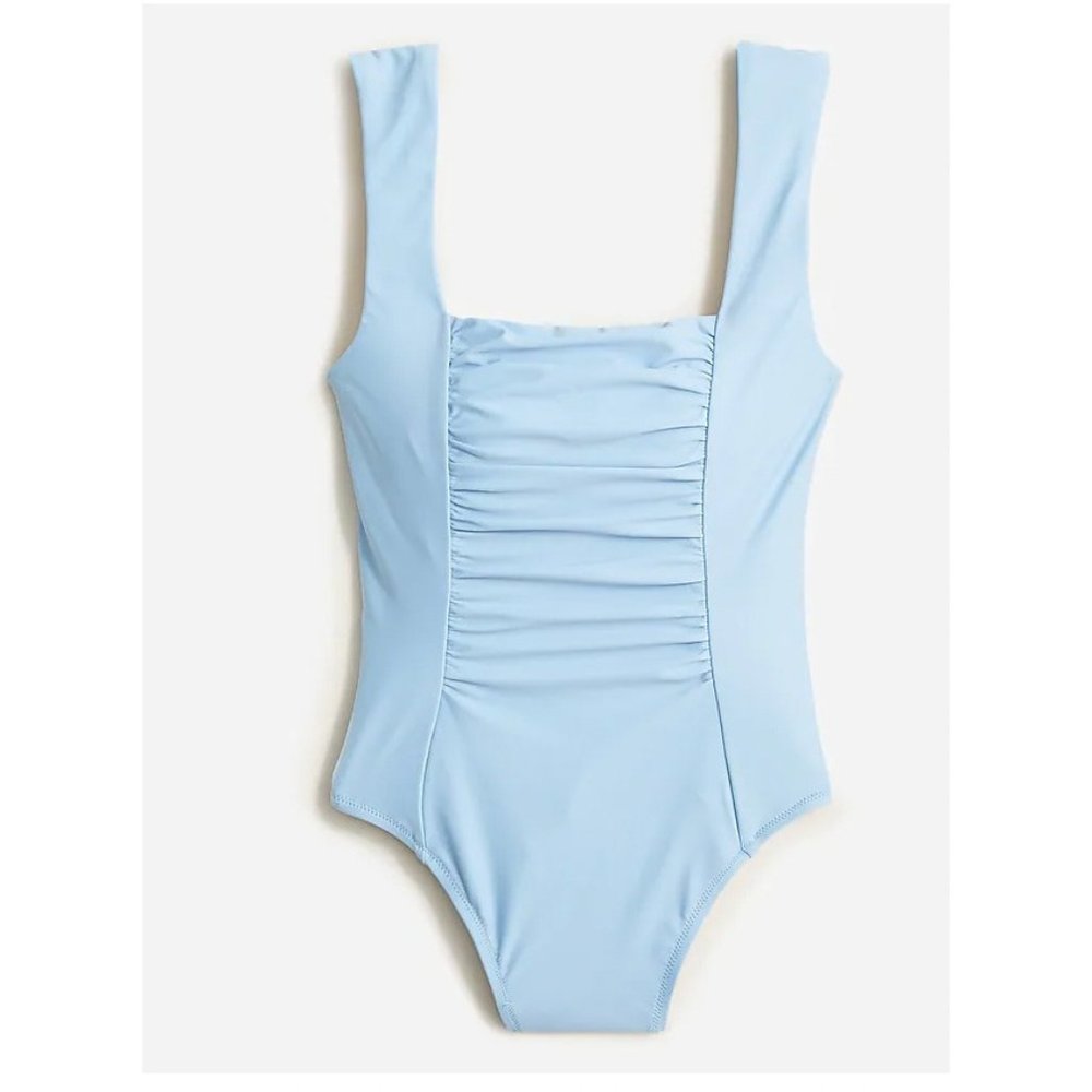 J.Crew Womens $118 Ruched Squareneck One Piece Swimsuit Blue Mist Size 14 BF179